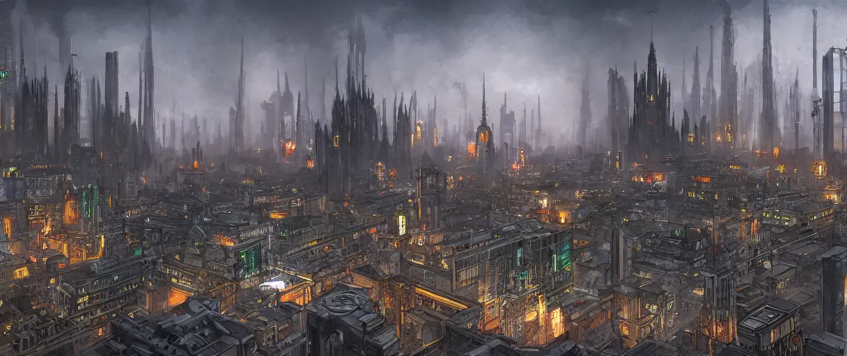 Image similar to digital concept art of dystopian, gothic berlin, high quality, high detail, in the style of Ralph McQuarrie, megacity surrounded by huge impenetrable tall walls, large hero buildings in the middle towering above the others, tram stations, metro, vivid colours, matte painting, photoshop