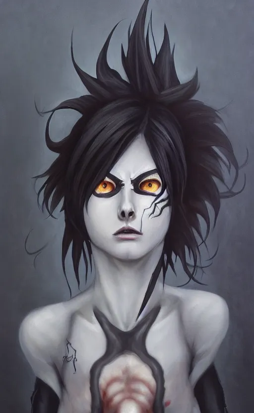 Prompt: dark portrait painting of tracer from overwatch, in style of zdzisław beksinski, scary, horror, feminine facial features, overwatch tracer character, detailed face, dressed in dark garment, black tendrils, tall,