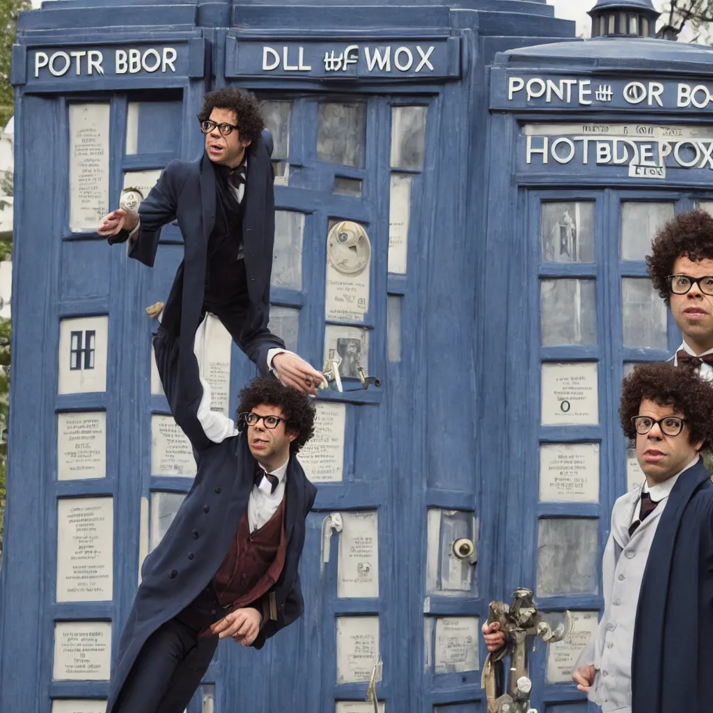 Image similar to Richard Ayoade as the Doctor, in front of the TARDIS