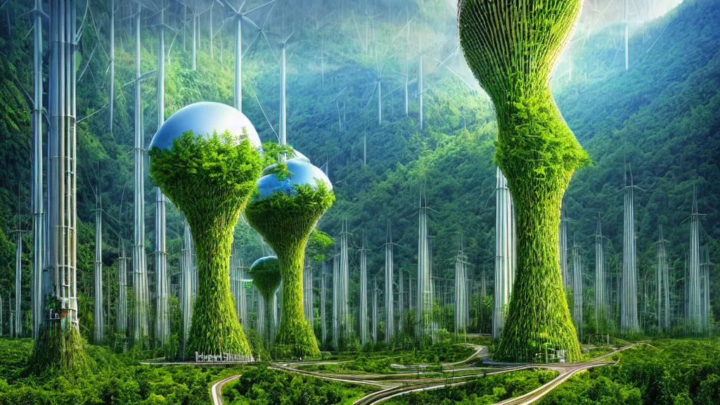 Prompt: Clean, Cheap Abundant,Nuclear Energy Future, Forest in Harmony with Nature; Location: Quito, Ecuador; by Vincent Callebaut; by Simon Stålenhag; retro-futuristic ; retro natural-futurism;