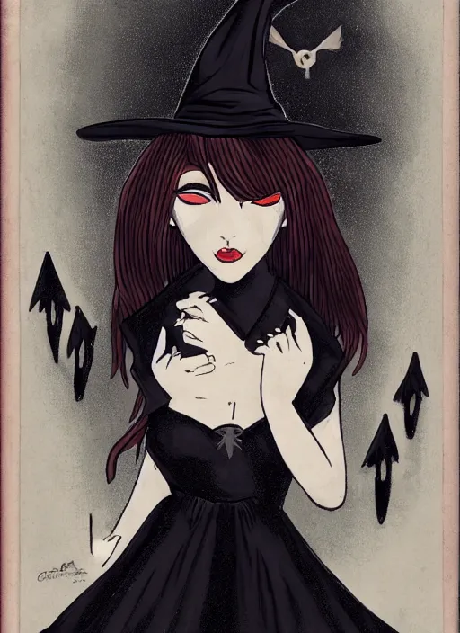 Image similar to young witch ; occult magic ; black dress ; nice face ; a crow sitting on her head ; dark colors ; cinematic light