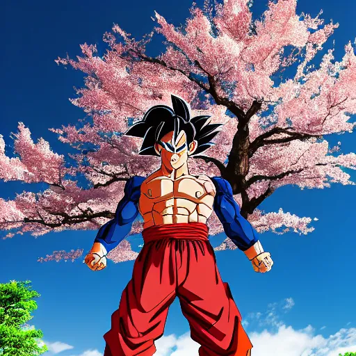 Image similar to ultrawide photo of goku wearing tuxedo standing in front of sakura trees, highly detailed, 8 k