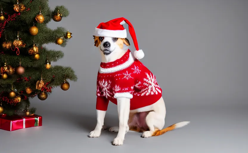 Prompt: studio photography of a dog wearing a christmas sweater, detailed face, cinematic lighting, 8 k