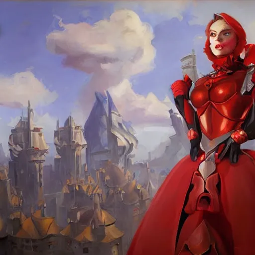 Prompt: greg manchess portrait painting of armored red queen from alice in wonderland as overwatch character, medium shot, asymmetrical, profile picture, organic painting, sunny day, matte painting, bold shapes, hard edges, street art, trending on artstation, by huang guangjian, gil elvgren, ruan jia, randy vargas, greg rutkowski