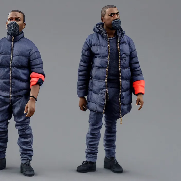 Image similar to a action figure of kanye west using full face - covering mask with small holes. a small, tight, undersized reflective bright blue round puffer jacket made of nylon. a black shirt underneath. dark jeans pants. a pair of big black rubber boots, figurine, detailed product photo