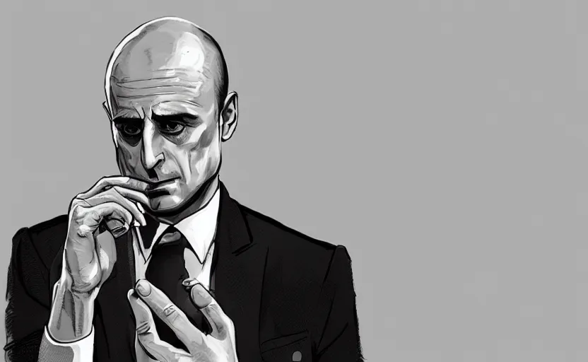 Prompt: film still of mark strong, bald, holding phone, wearing suit, realistic proportions, ink, black and white, illustration, cinematic composition, lineart, clean lines, sean phillips