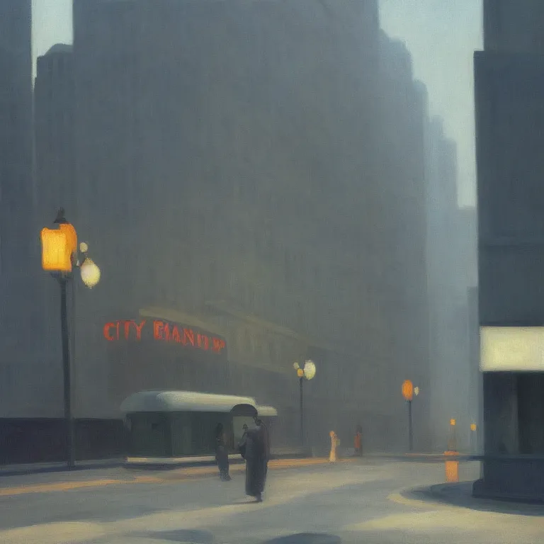 Image similar to city fog, early morning, painted by Edward Hopper, painted by Wayne Barlow, airbrush