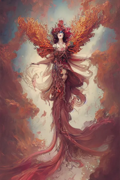 Prompt: a beautifull intricate painting of a beatifull woman wearing a feathered cloak surrounded by ornate tendrils, flying silk, internse colors, hyper detailed, artstation, concept art, by peter mohrbacher, by wlop, by ruan jia