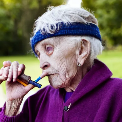 Image similar to an elderly woman dressed colorfully, smoking a pipe