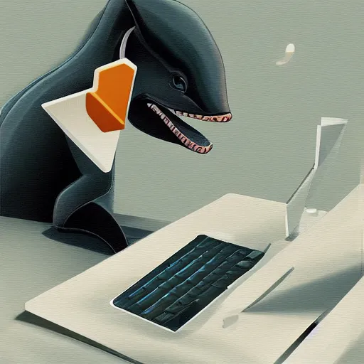 Image similar to An anthropomorphic grey dolphin wearing a white lab-coat and playing games on a computer, digital painting, close-up