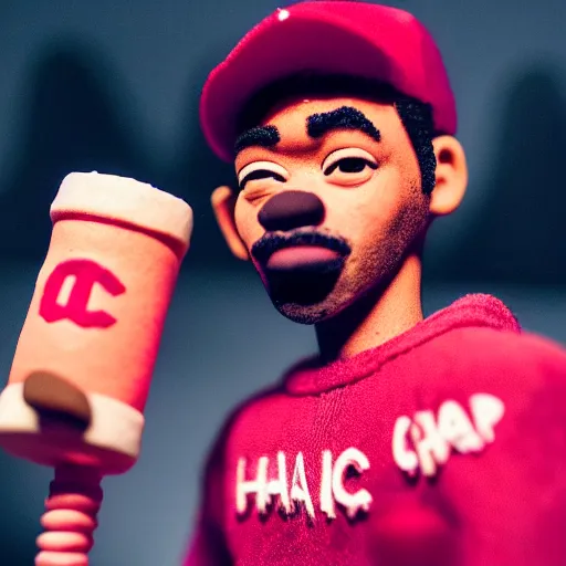 Image similar to a cinematic film still of a claymation stop motion film starring chance the rapper as a college student, shallow depth of field, 8 0 mm, f 1. 8