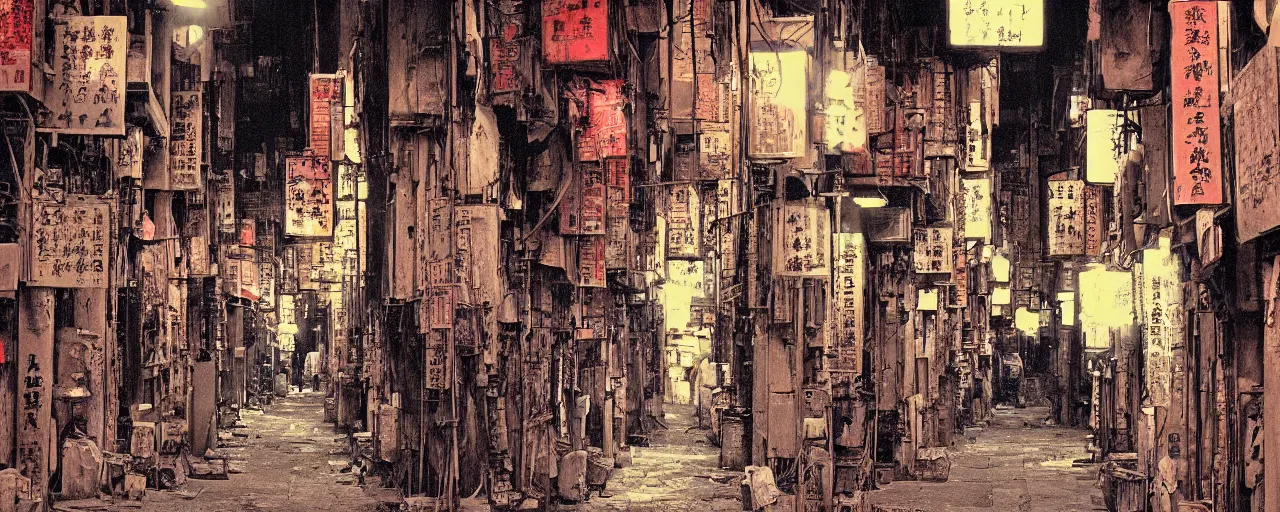 Prompt: digital painting, wideangle view of a narrow alley in kowloon walled city, dirty, sodium lights, , evening, cinestill, art by jean giraud