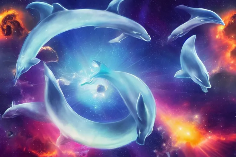 Prompt: a group of cosmic dolphins jumping out of a cosmic ocean in space, epic composition, 4 k