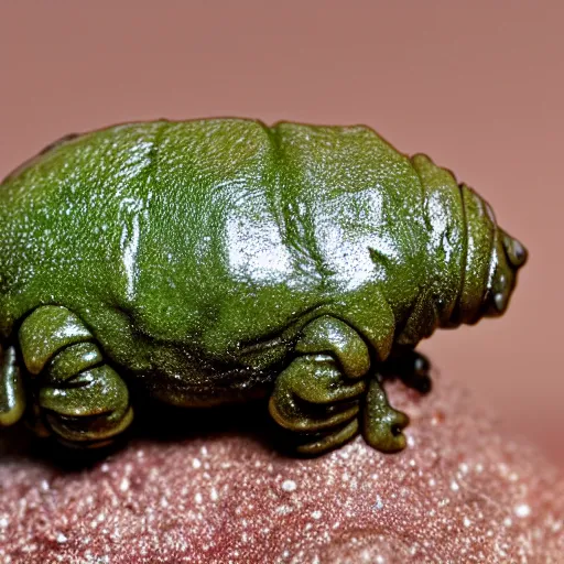 Prompt: tardigrade floating in green slime. finely detailed skin with celluar glossy facets