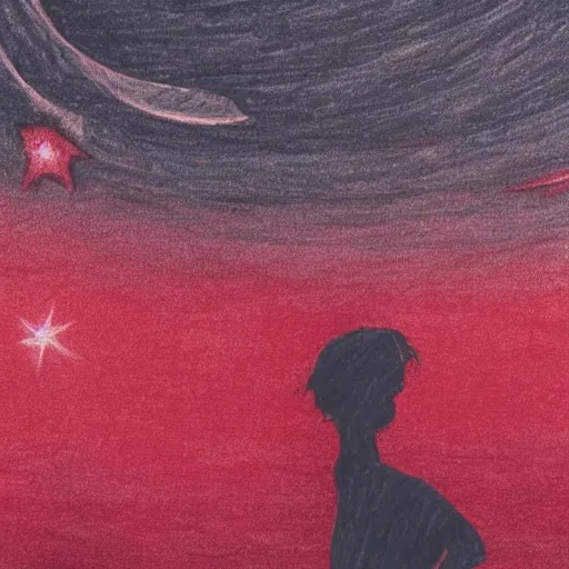 Image similar to hilghly detailed abstract drawing of a red night sky with a woman silhouette in foreground