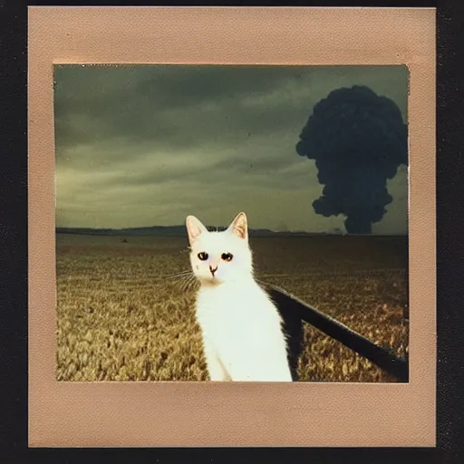 Prompt: polaroid photo of a cat watching a mushroom cloud in the background