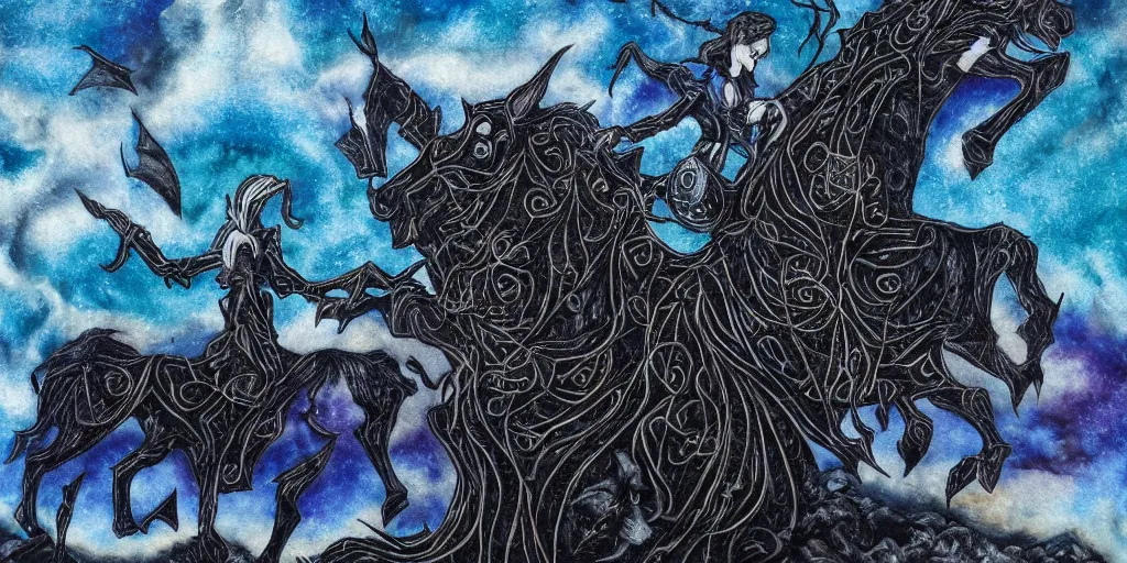 Prompt: Dullahan, dashing down the moor, dark night, bats, Celtic, intricate, horse, fae, wings, teal, black, blue, clouds, ravens, gothic, moody colors, watercolor, colored pencil, metallic, traditional medium, highly detailed, textured canvas, extreme contrast, realistic, Lisa Frank