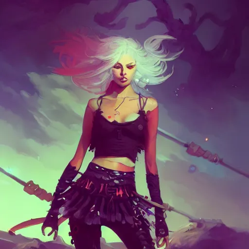 Image similar to a beautiful punkrocker in crop top, concept art by pete mohrbacher and guweiz and ilya kuvshinov, digital art, highly detailed, intricate, sharp focus, trending on artstation hq, deviantart, unreal engine 5, 4 k uhd image