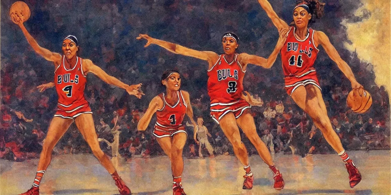 Image similar to candace parker playing basketball in a chicago bulls jersey art by frank frazetta, wide angle view,