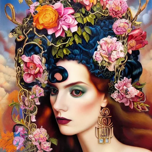 Image similar to dynamic composition, a painting of a woman with hair of flowers and raven plummage wearing ornate earrings, a surrealist painting by tom bagshaw and jacek yerga and tamara de lempicka and jesse king, featured on cgsociety, pop surrealism, surrealist, dramatic lighting, wiccan, pre - raphaelite, ornate gilded details