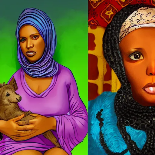 Prompt: a 3 0 year old somali woman, pregnant, next to a black puppy, full body, ultra detailed fantasy, bright, colorful, realistic