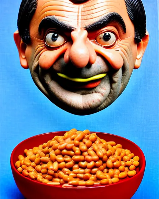 Prompt: portrait of mr bean smiling in a bowl full of baked beans, face fully covered in beans and tomato sauce, soft red skin, baked beans for eyes, rowan atkinson, mr bean face, oil painting, highly detailed