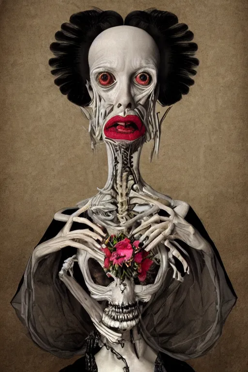 Prompt: Detailed maximalist portrait of a beautiful old woman with large lips and eyes, scared expression, botanical skeletal with extra flesh, HD mixed media, 3D collage, highly detailed and intricate, surreal illustration in the style of Caravaggio, dark art, baroque