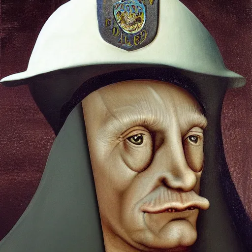 Image similar to hyperrealistic, ultra detailed, realistic render of a police officer in the style of hieronymos bosch