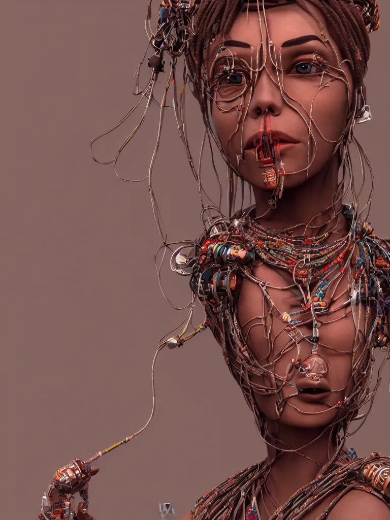 Image similar to a centered render of an alluring tribal goddess adorned with cables and synthesizer parts, full body, gorgeous face, perfect face, powerful, by viktoria gavrilenko, 3 d, trending on artstation, octane render, 8 k