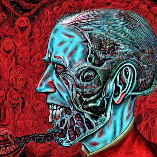 Image similar to biden became bloody ugly lovecraftian degenerate abomination, photo - realistic, color image, 2 k, highly detailed, bodyhorror, occult art, fractal structure