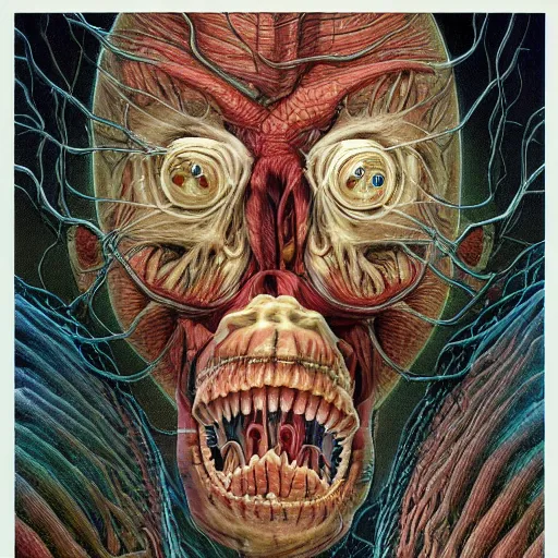 Image similar to nightmare etherreal iridescent vascular nerve bundles pearlescent spinal chord horror by naoto hattori, zdzislaw, norman rockwell, studio ghibli, anatomical cutaway