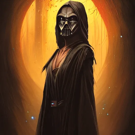 Image similar to portrait of an woman by Greg Rutkowski, she is about 20 years old, pretty, long brown wavy hair, tribal tattoos on her face, scar near her mouth that makes her look like she's smiling all the time, wearing black sith robes, Star Wars Expanded Universe, highly detailed portrait, digital painting, artstation, concept art, smooth, sharp foccus ilustration, Artstation HQ