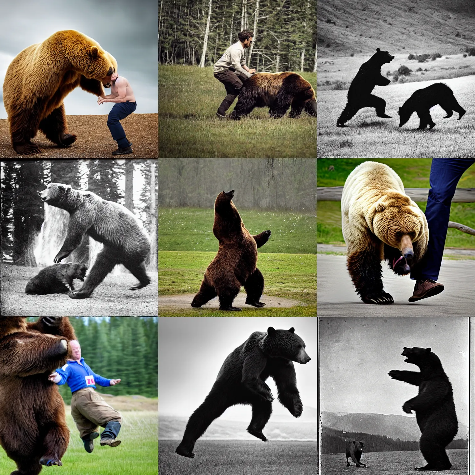 Prompt: photo, A man kicking a bear.