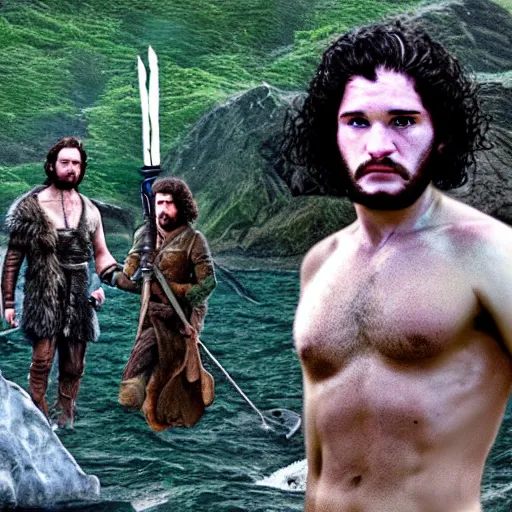 Prompt: an extremely detailed realistic hdr photo of jon snow as zardoz fighting fairies on the beach