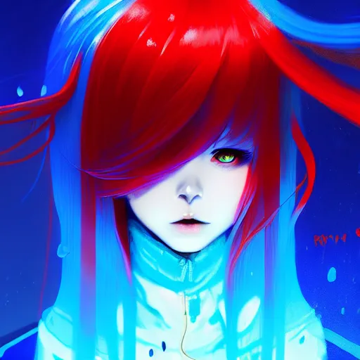 Prompt: blue slime swirling around golden eyed rimuru tempest, enveloped in ghosts, sky blue straight hair, bangs, red tailcoat, high collar, ultra fine detaile, dark theme, digital painting, psychedelic, cinematic, wlop, pixiv, ilya kuvshinov, ross tran