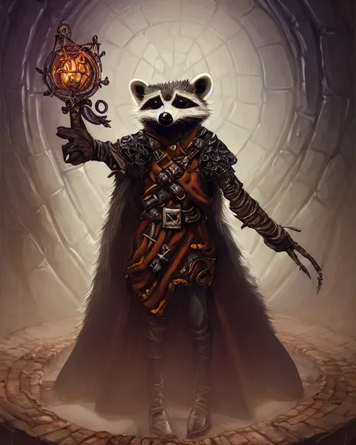 Image similar to anthropomorphic royal warlock raccoon casting a spell in a dungeon, dark souls, d & d, fantasy, intricate, action pose, elegant, highly detailed, digital painting, artstation, concept art, matte, sharp focus, illustration, hearthstone, art by artgerm, wlop, greg rutkowski and alphonse mucha