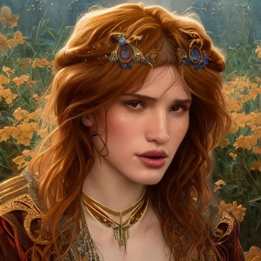 Image similar to ultra realistic illustration, bella thorne wearing amulet of power, intricate, elegant, highly detailed, digital painting, artstation, concept art, smooth, sharp focus, illustration, art by artgerm and greg rutkowski and alphonse mucha