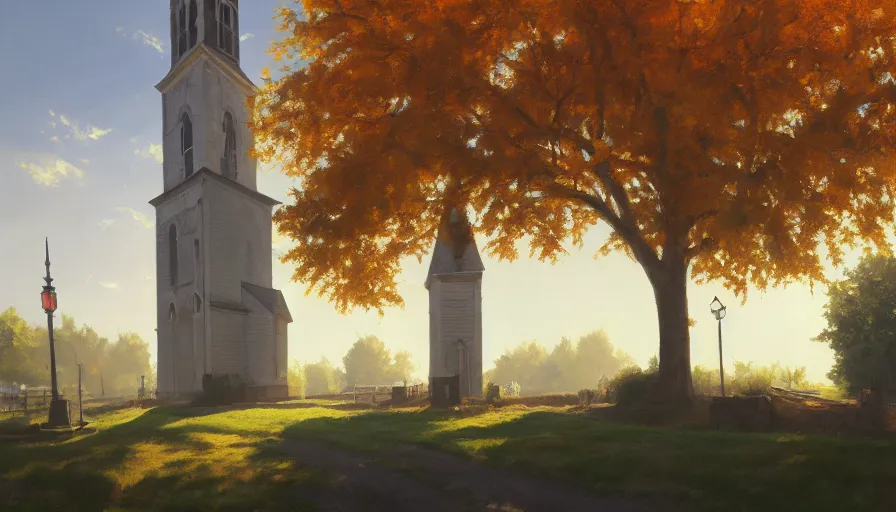 Image similar to oil painting, midwest town, sunny day, sun behind church tower, square, trees, volumetric light, hyperdetailed, artstation, cgsociety, 8 k