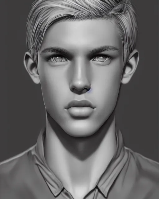 Image similar to portrait of 1 5 - year - old boy, a tall, slender boy with a pale, pointed face, sleek blond hair, and ice grey eyes, wearing in shirt, hyper realistic face, beautiful eyes, character art, art by mark brooks, hyperdetailed, cryengine, trending on artstation, digital art