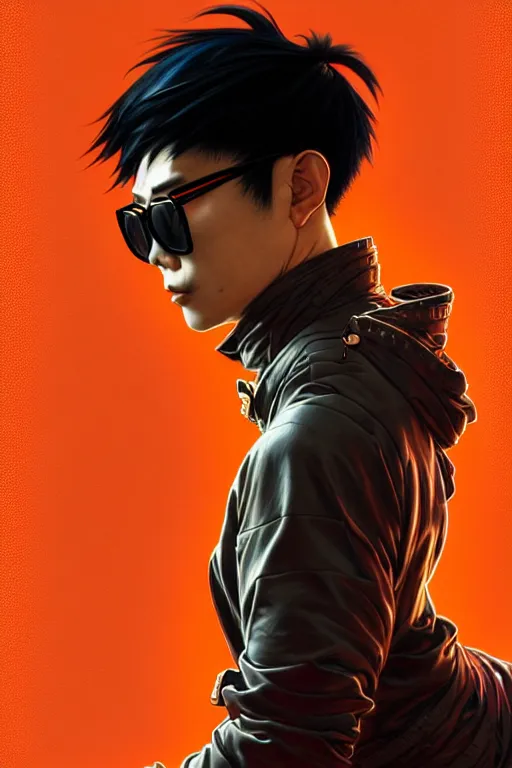 Prompt: a japanese man with very short black hair, broad shoulders, thick round spectacles, wearing a bright orange bomber jacket, seductive cyberpunk dark fantasy, art by artgerm and karol bak and moebius and alphonse mucha and greg rutkowski, hyperdetailed, ultrarealistic, octane render