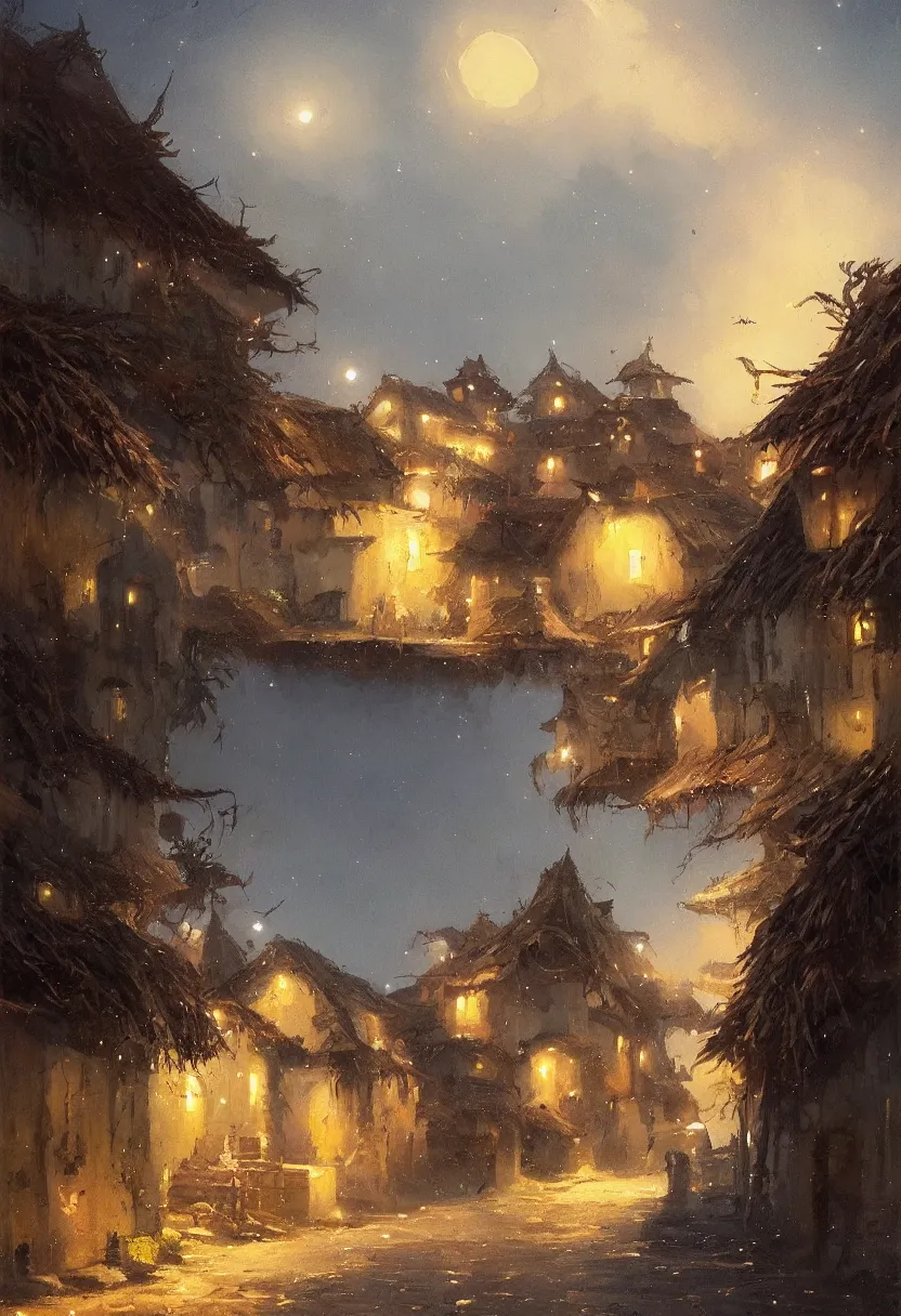 Prompt: Painting by Greg Rutkowski, rich picturesque colors, at night a big ceramic jug with gold ornaments flies high in the night dark blue sky above a small village with white houses under thatched roofs, stars in the sky,