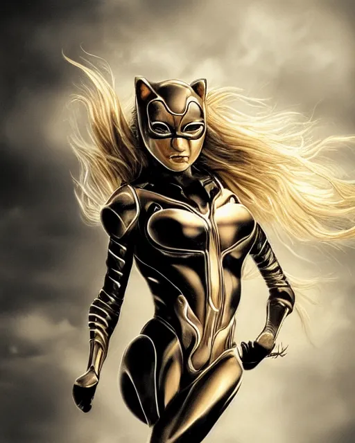 Prompt: golden pencil drawing of beautiful robot - cat woman face, goddess, beautiful blonde hair flying in the wind, hyper realistic face, in the style of greg rutkowski, fantasy, amazing detail, epic, elegant, smooth, sharp focus, from the front