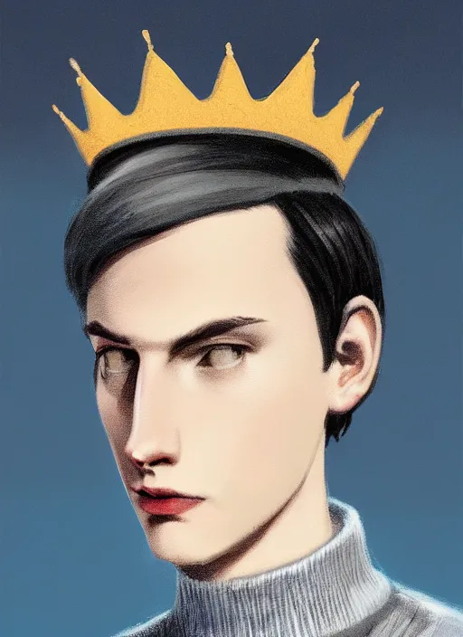 Image similar to portrait of teenage jughead jones wearing a light grey crown, crown, blue turtleneck, 1 9 5 0 s, closed eyes, photorealistic, black hair, glowing lighting, intricate, elegant, glowing lights, highly detailed, digital painting, artstation, concept art, smooth, sharp focus, illustration, art by wlop, mars ravelo and greg rutkowski