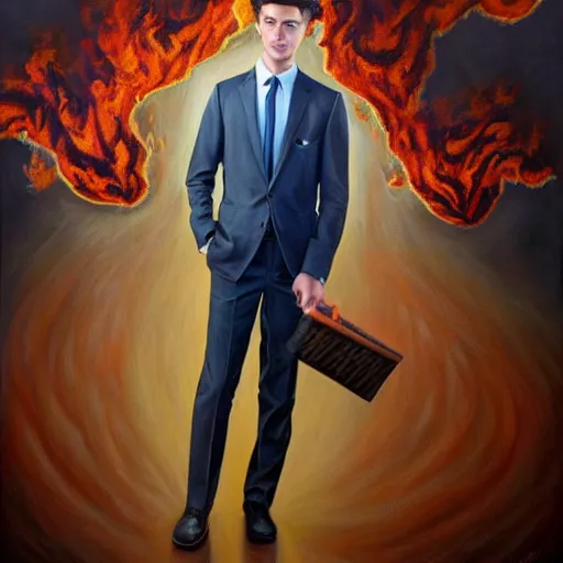 Prompt: a hyper realistic painting of a calm young man in a burning business suit, his clothes are burning, full body painting, long shot, coherent symmetrical eyes, by jeffrey smith, by andrea kowch, by steve henderson, masterpiece, trending on artstation,