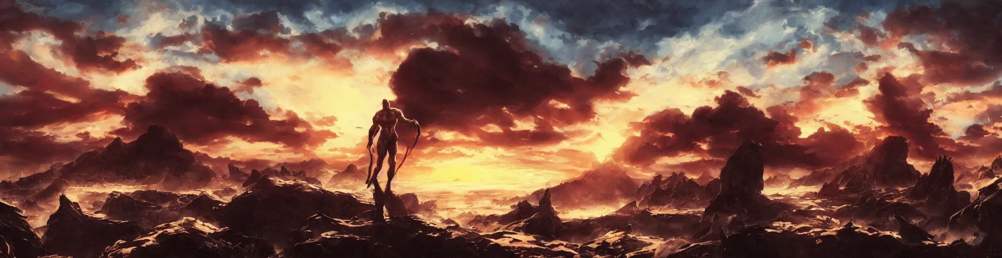 Image similar to dramatic sunset and dramatic sky , lone muscular creature in the middle looks at the sun , painting by frazetta, low angle perspective, postapocalyptic panorama.asthetics !