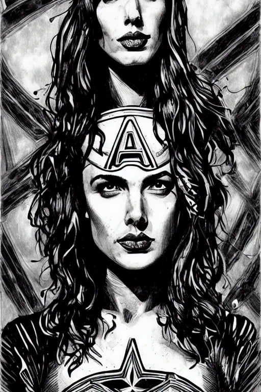 Image similar to beautiful portrait commission of a beautiful Gal Gadot as captain america in a vintage gothic style. character design by ralph steadman, detailed, inked, western comic book art