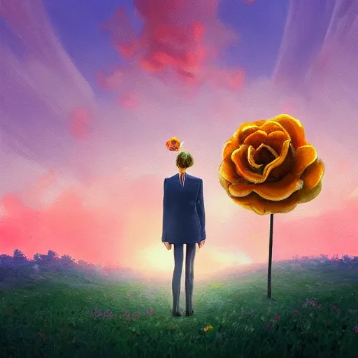 Image similar to closeup, giant rose flower head, frontal, girl in a suit, surreal photography, sunrise, blue sky, dramatic light, impressionist painting, digital painting, artstation, simon stalenhag