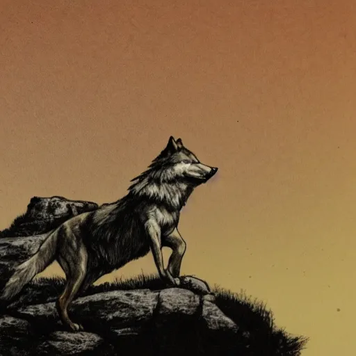 Image similar to david bowie riding a wolf over a rock, dark lighting