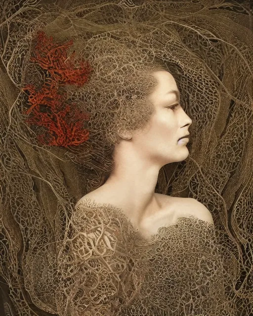 Prompt: a woman's face in profile, hair entwined in a coral reef, made of intricate decorative lace leaf skeleton, in the style of the dutch masters and gregory crewdson, dark and moody