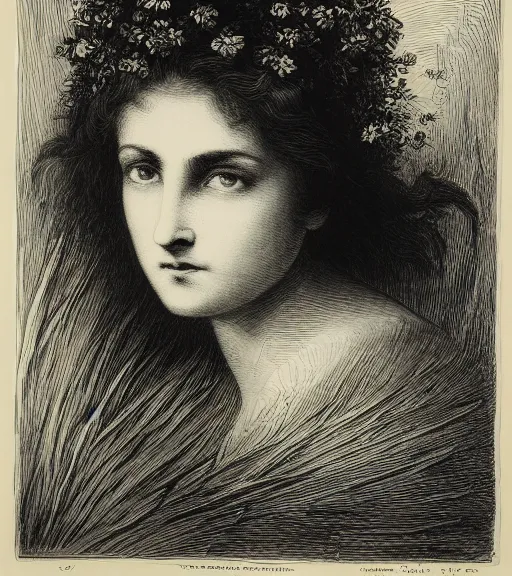 Image similar to black and white, extreme close-up, dark light, woman face in flowers, Gustave Dore lithography